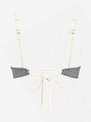 Crystal Cream Metallic Gold Yarn Knitted Fabric Ruched Ruffles Bikini Top