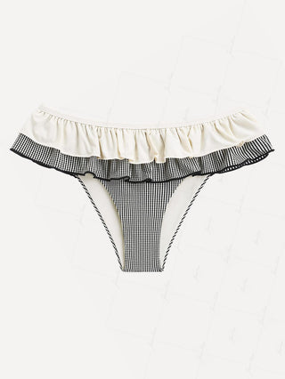 Crystal Cream Metallic Gold Yarn Knitted Fabric Layered Peplum Skirted Bikini Bottom