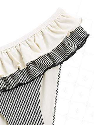 Crystal Cream Metallic Gold Yarn Knitted Fabric Layered Peplum Skirted Bikini Bottom