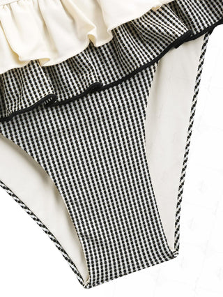 Crystal Cream Metallic Gold Yarn Knitted Fabric Layered Peplum Skirted Bikini Bottom