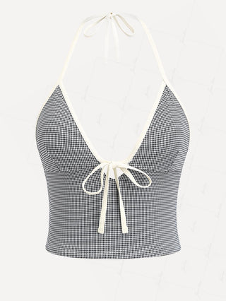 Black Knitted Plaid Tie Front Cutout Plunging Neck Halter Tankini Top