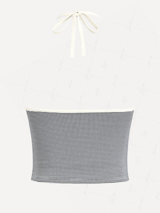 Black Knitted Plaid Tie Front Cutout Plunging Neck Halter Tankini Top