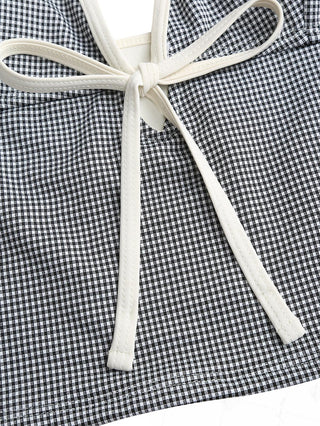 Black Knitted Plaid Tie Front Cutout Plunging Neck Halter Tankini Top