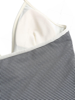 Black Knitted Plaid Tie Front Cutout Plunging Neck Halter Tankini Top