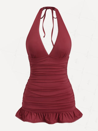 Red Wine Vintage Ruched Lace Peplum Hem Halter Tied One-piece Swimsuit