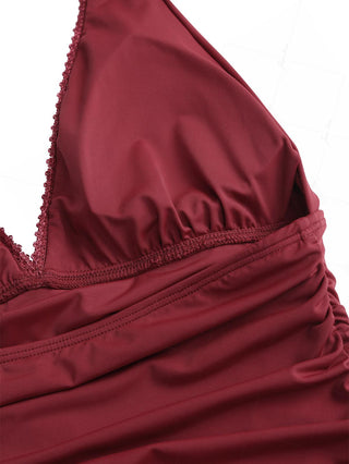 Red Wine Vintage Ruched Lace Peplum Hem Halter Tied One-piece Swimsuit