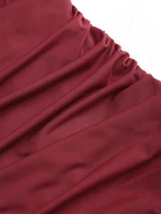 Red Wine Vintage Ruched Lace Peplum Hem Halter Tied One-piece Swimsuit