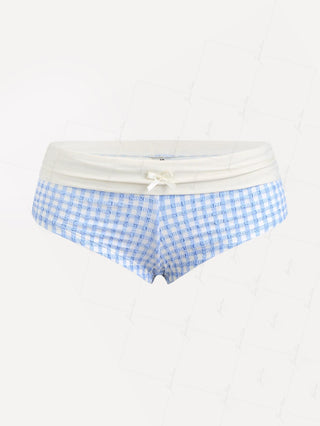 Light Blue Bubble Grid Textured Contrast Foldover Ruched Swim Bottom Boyshorts