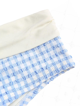 Light Blue Bubble Grid Textured Contrast Foldover Ruched Swim Bottom Boyshorts