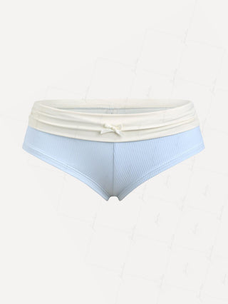 Light Blue Ribbed Knit Contrast Foldover Ruched Bowknot Swim Bottom Boyshorts