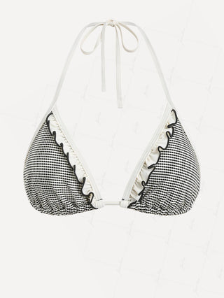 Crystal Cream Metallic Gold Yarn Knitted Fabric Ruffles Halter Triangle Bikini Top