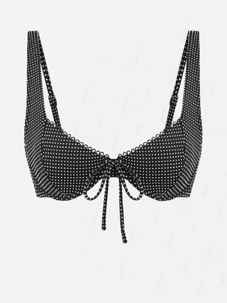 Black Pin Dot Jacquard Fabric Picot Trim Underwire Bikini Top