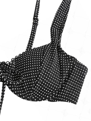 Black Pin Dot Jacquard Fabric Picot Trim Underwire Bikini Top