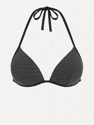 Black Pin Dot Jacquard Fabric Halter Triangle Bikini Top