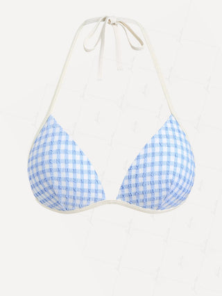 Light Blue Bubble Grid Textured Halter Triangle Bikini Top