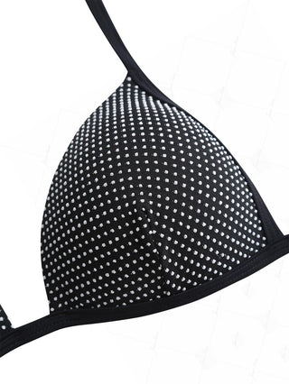 Black Pin Dot Jacquard Fabric Halter Triangle Bikini Top