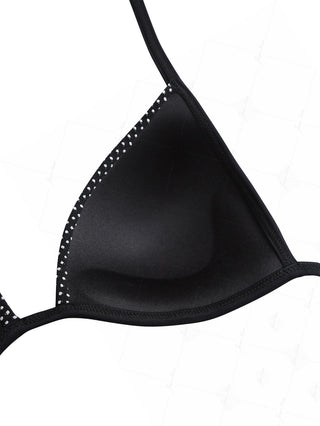 Black Pin Dot Jacquard Fabric Halter Triangle Bikini Top