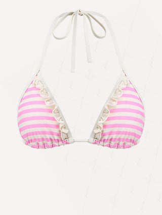 Light Pink Striped Ruffles Halter Triangle Bikini Top