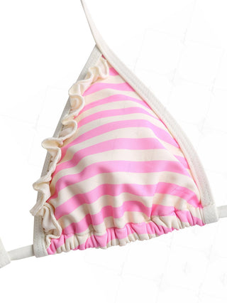 Light Pink Striped Ruffles Halter Triangle Bikini Top