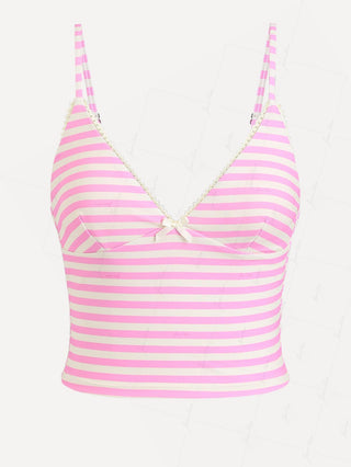 Light Pink Striped Lace Bowknot Plunging Neck Tankini Top