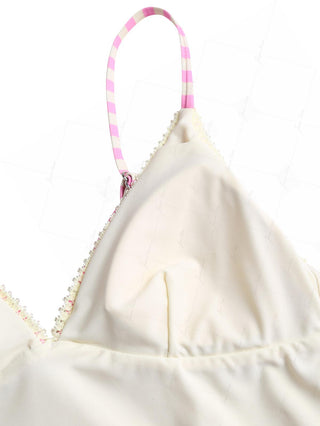 Light Pink Striped Lace Bowknot Plunging Neck Tankini Top