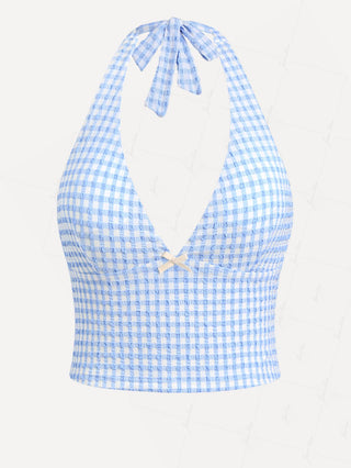 Light Blue Bubble Grid Textured Plunging Neck Halter Tied Tankini Top
