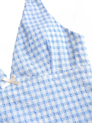 Light Blue Bubble Grid Textured Plunging Neck Halter Tied Tankini Top