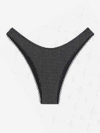 Black Pin Dot Jacquard Picot Trim High Leg Bikini Bottom