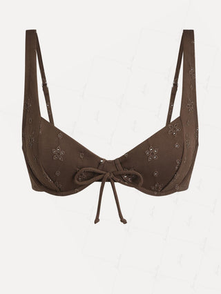 Deep Coffee Recycled Fabric Eyelet Jacquard Tied Underwire Bikini Top