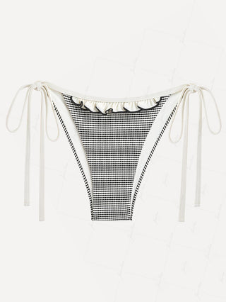 Crystal Cream Metallic Gold Yarn Knitted Fabric Ruffles Tie Side Bikini Bottom