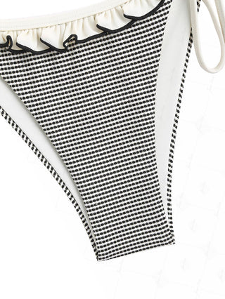 Crystal Cream Metallic Gold Yarn Knitted Fabric Ruffles Tie Side Bikini Bottom