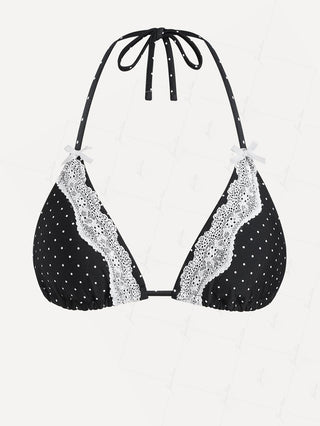 Black Polka Dot Print  Lace Bowknot Halter Triangle Bikini Top