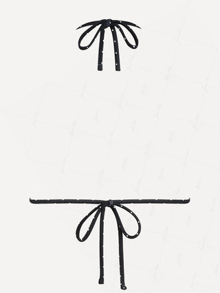 Black Polka Dot Print  Lace Bowknot Halter Triangle Bikini Top