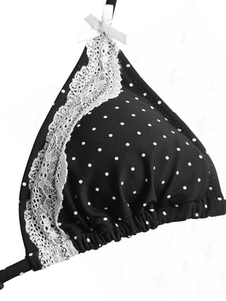 Black Polka Dot Print  Lace Bowknot Halter Triangle Bikini Top