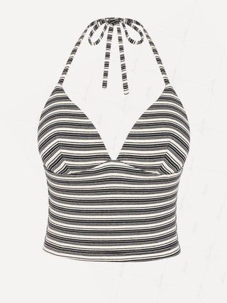 Black Knit Striped Ribbed Tankini Top