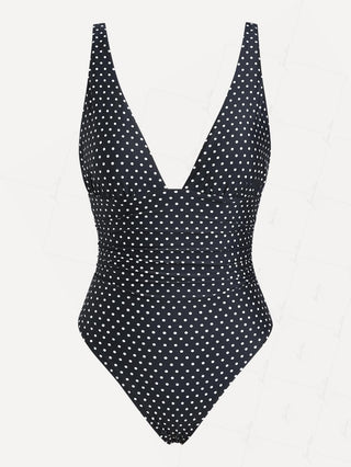 Black Polka Dot Print Ruched Plunging Neck One-piece Swimsuit