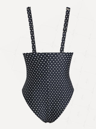 Black Polka Dot Print Ruched Plunging Neck One-piece Swimsuit
