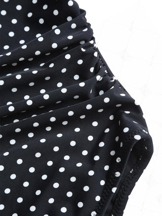 Black Polka Dot Print Ruched Plunging Neck One-piece Swimsuit