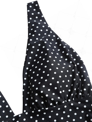 Black Polka Dot Print Ruched Plunging Neck One-piece Swimsuit