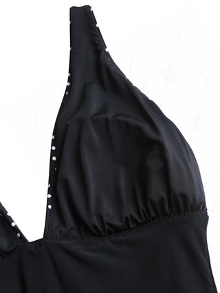 Black Polka Dot Print Ruched Plunging Neck One-piece Swimsuit