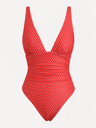 Red Polka Dot Print Vintage Ruched Plunging Neck One-piece Swimsuit