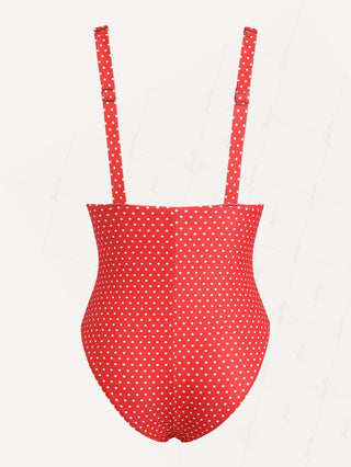 Red Polka Dot Print Vintage Ruched Plunging Neck One-piece Swimsuit