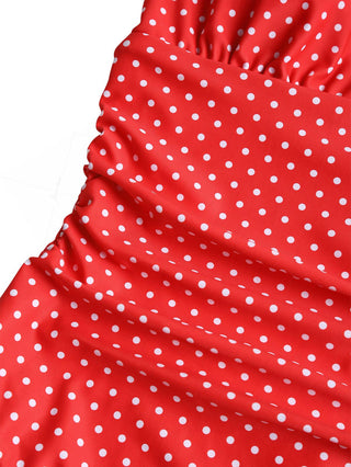 Red Polka Dot Print Vintage Ruched Plunging Neck One-piece Swimsuit