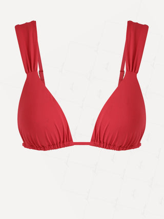 Red Solid Color Ruched Wide Straps Triangle Bikini Top