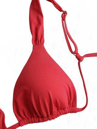 Red Solid Color Ruched Wide Straps Triangle Bikini Top
