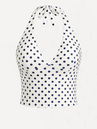 Crystal Cream Vintage Polka Dot Plunging Neck Halter Tankini Top