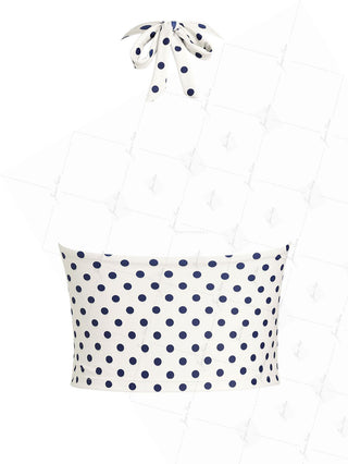 Crystal Cream Vintage Polka Dot Plunging Neck Halter Tankini Top