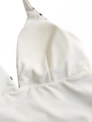 Crystal Cream Vintage Polka Dot Plunging Neck Halter Tankini Top