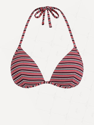 Red Knit Striped Ribbed Halter Triangle Bikini Top