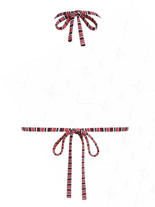 Red Knit Striped Ribbed Halter Triangle Bikini Top